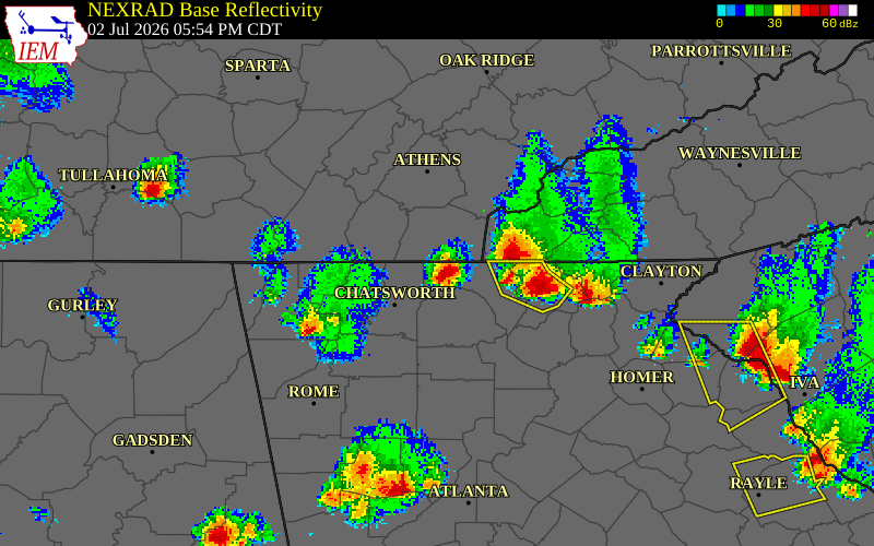 NEXRAD radar during the Thursday, July 2, 2026 storm activity in Fannin County, Georgia