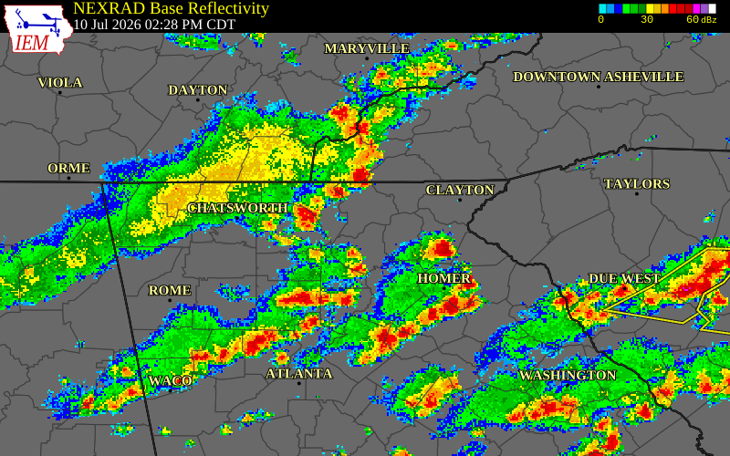 NEXRAD radar during the Friday, July 10, 2026 storm activity in Fannin County, Georgia