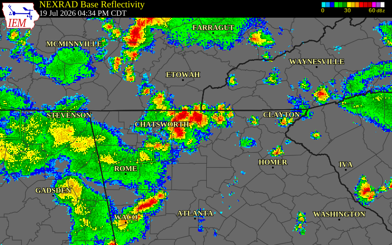 NEXRAD radar during the Sunday, July 19, 2026 storm activity in Fannin County, Georgia