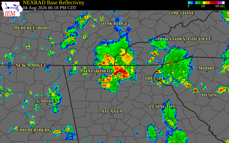 Radar snapshot during the Aug 4, 2026 wind event near Fannin County, Fannin County, Georgia, with NWS warning polygons
