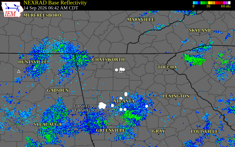 Current NEXRAD radar over Fannin County, Georgia with recent storm report locations