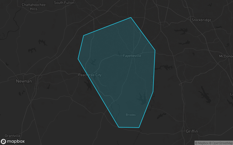 Map of Fayette County, Georgia showing the county boundary and surrounding cities