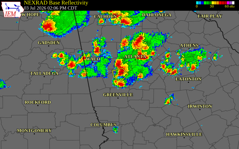 NEXRAD radar during the Friday, July 3, 2026 storm activity in Fayette County, Georgia