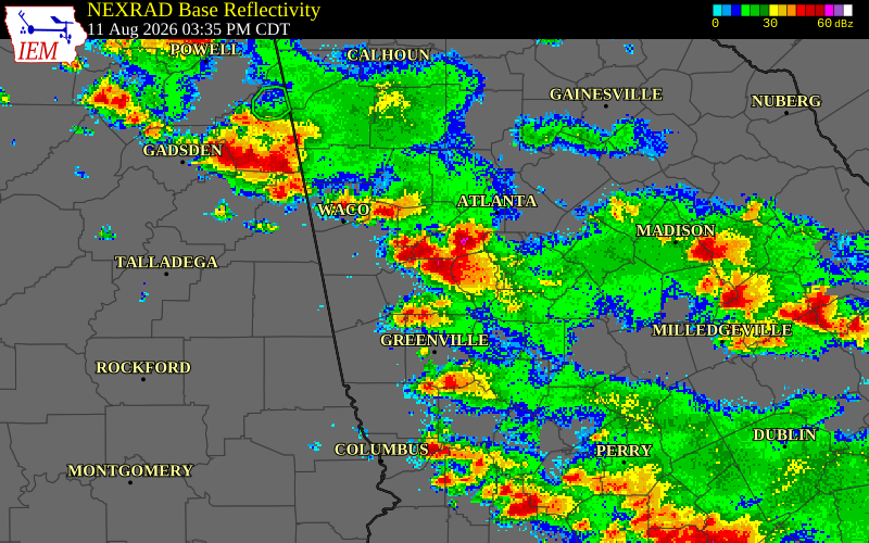 NEXRAD radar during the Tuesday, August 11, 2026 storm activity in Fayette County, Georgia
