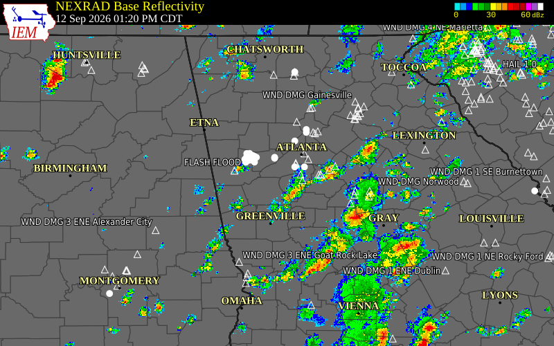 Current NEXRAD radar over Fayette County, Georgia with recent storm report locations