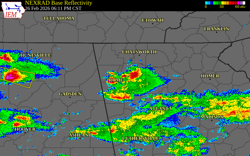 NEXRAD radar during the Thursday, February 26, 2026 storm activity in Floyd County, Georgia