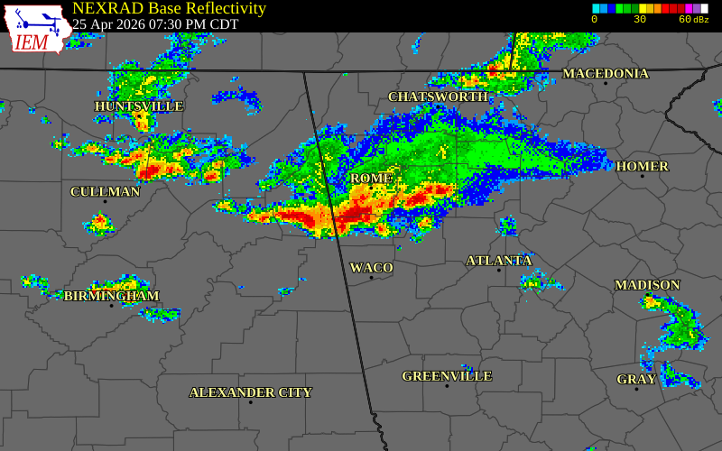 NEXRAD radar during the Saturday, April 25, 2026 storm activity in Floyd County, Georgia