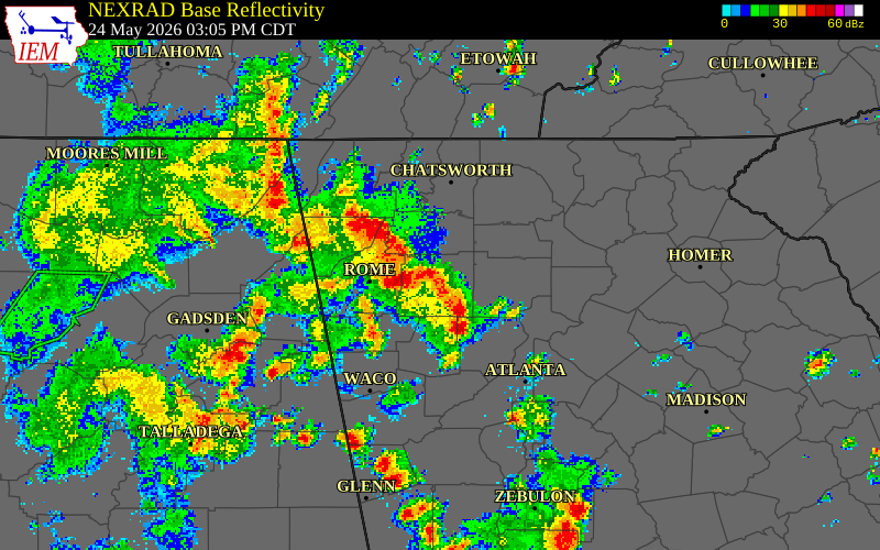 NEXRAD radar during the Sunday, May 24, 2026 storm activity in Floyd County, Georgia
