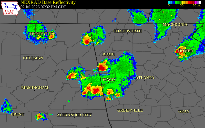 NEXRAD radar during the Thursday, July 2, 2026 storm activity in Floyd County, Georgia