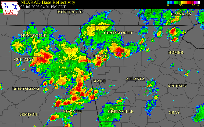 NEXRAD radar during the Sunday, July 5, 2026 storm activity in Floyd County, Georgia