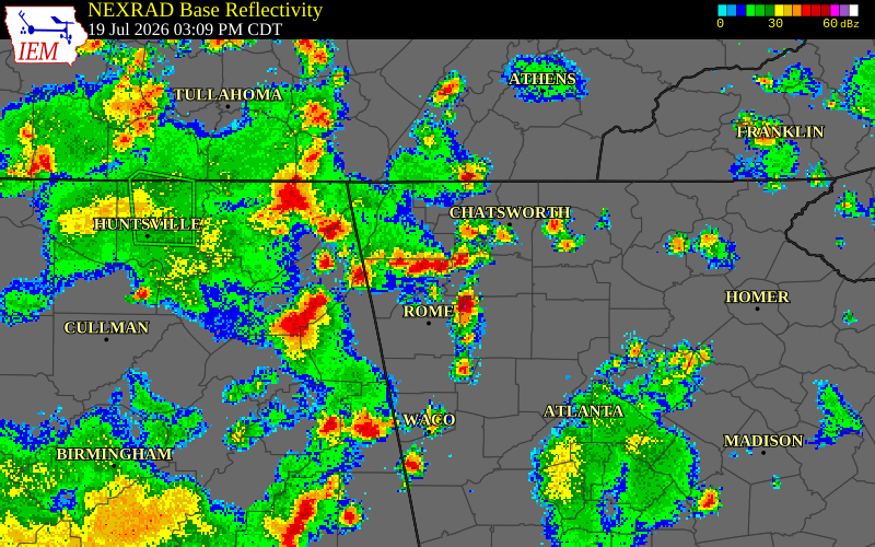 NEXRAD radar during the Sunday, July 19, 2026 storm activity in Floyd County, Georgia