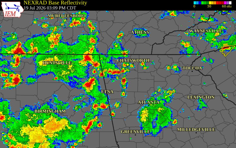 Radar snapshot during the Jul 19, 2026 wind event near Floyd County, Floyd County, Georgia, with NWS warning polygons