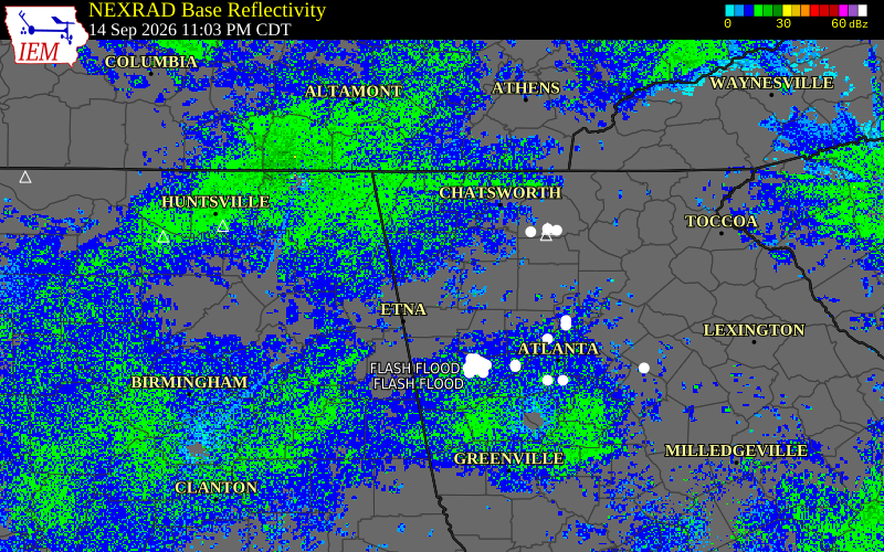 Current NEXRAD radar over Floyd County, Georgia with recent storm report locations