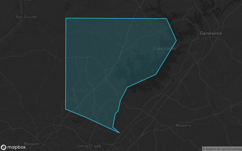 Map of Forsyth County, Georgia showing the county boundary and surrounding cities