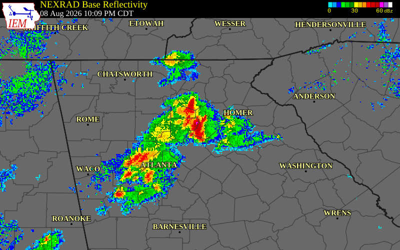 NEXRAD radar during the Saturday, August 8, 2026 storm activity in Forsyth County, Georgia