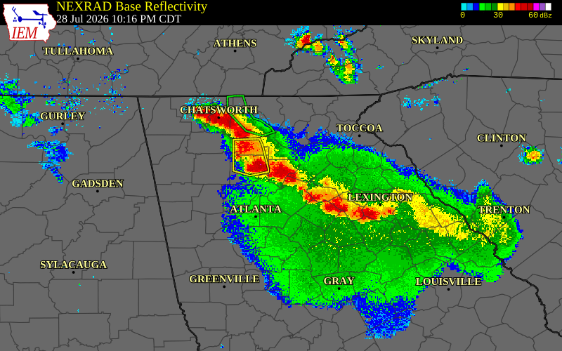 Radar snapshot during the Jul 28, 2026 wind event near Forsyth County, Forsyth County, Georgia, with NWS warning polygons