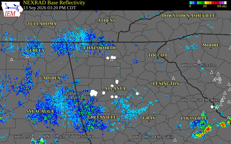 Current NEXRAD radar over Forsyth County, Georgia with recent storm report locations