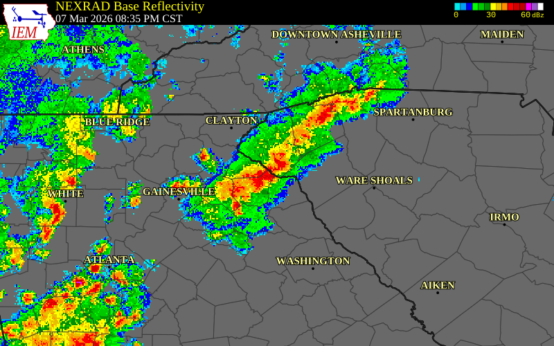 NEXRAD radar during the Saturday, March 7, 2026 storm activity in Franklin County, Georgia