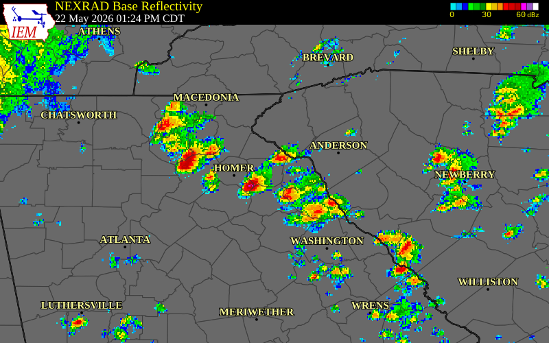 NEXRAD radar during the Friday, May 22, 2026 storm activity in Franklin County, Georgia