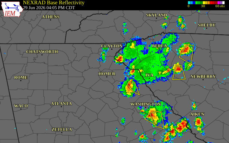 NEXRAD radar during the Monday, June 29, 2026 storm activity in Franklin County, Georgia