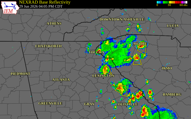 Radar snapshot during the Jun 29, 2026 wind event near Franklin County, Franklin County, Georgia, with NWS warning polygons