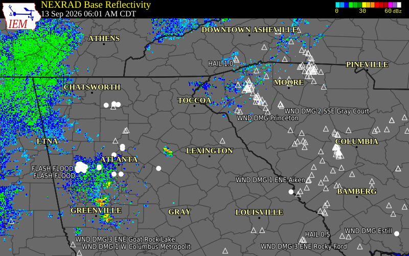 Current NEXRAD radar over Franklin County, Georgia with recent storm report locations