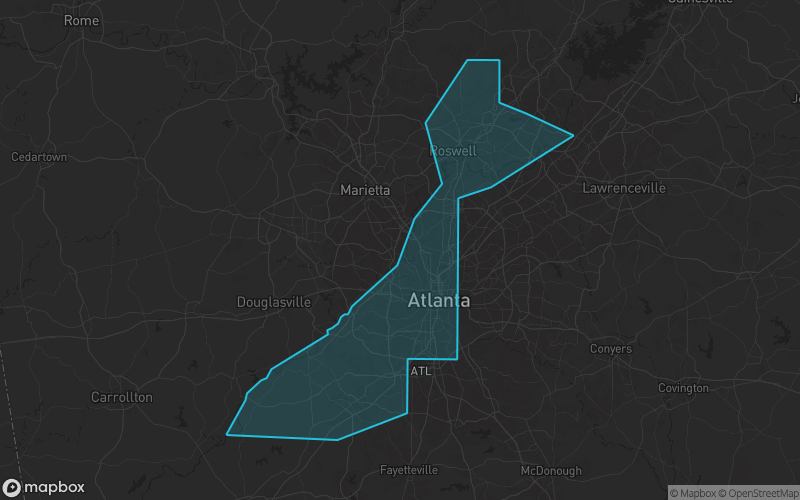 Map of Fulton County, Georgia showing the county boundary and surrounding cities