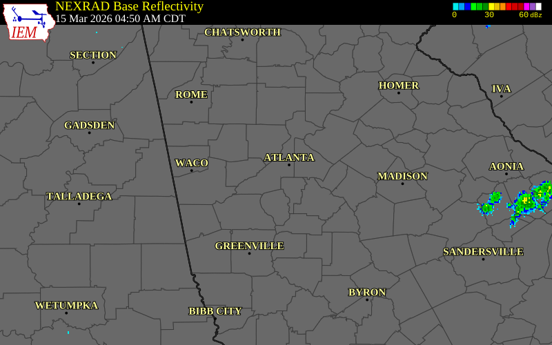 NEXRAD radar during the Sunday, March 15, 2026 storm activity in Fulton County, Georgia