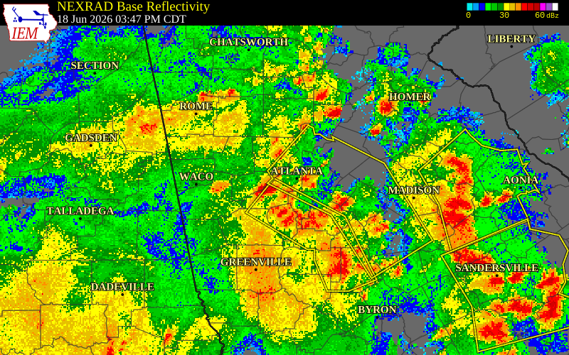 NEXRAD radar during the Thursday, June 18, 2026 storm activity in Fulton County, Georgia