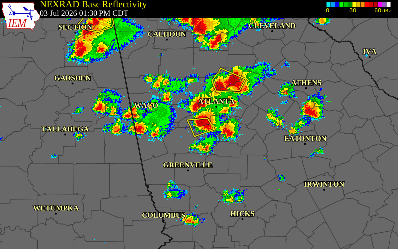 NEXRAD radar during the Friday, July 3, 2026 storm activity in Fulton County, Georgia