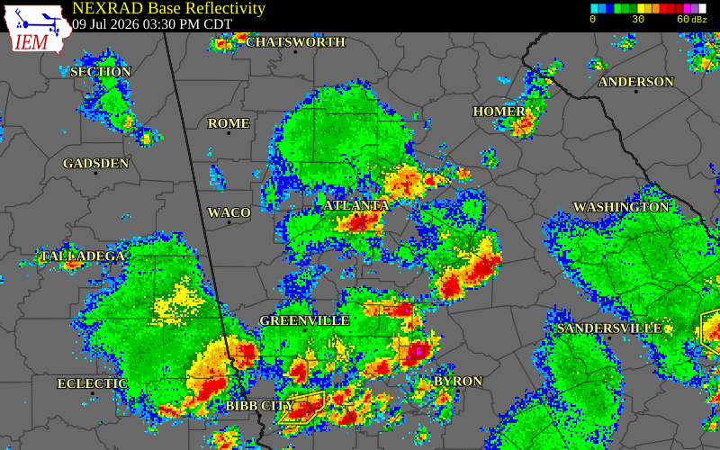 NEXRAD radar during the Thursday, July 9, 2026 storm activity in Fulton County, Georgia
