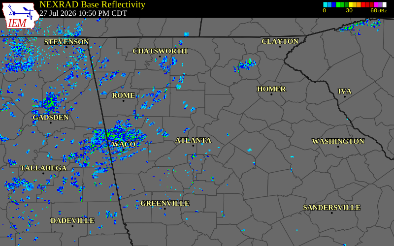 NEXRAD radar during the Monday, July 27, 2026 storm activity in Fulton County, Georgia