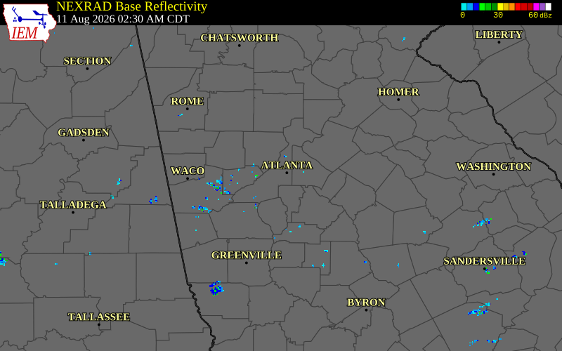 NEXRAD radar during the Tuesday, August 11, 2026 storm activity in Fulton County, Georgia