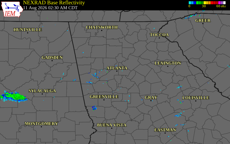 Radar snapshot during the Aug 11, 2026 wind event near 1 ENE Cascade Heights, Fulton County, Georgia, with NWS warning polygons
