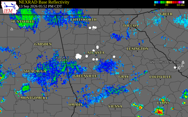 Current NEXRAD radar over Fulton County, Georgia with recent storm report locations