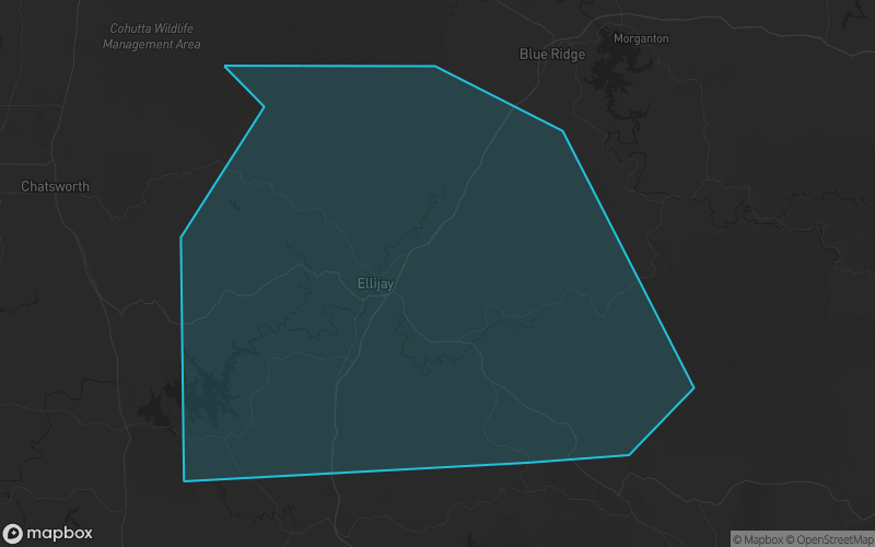 Map of Gilmer County, Georgia showing the county boundary and surrounding cities
