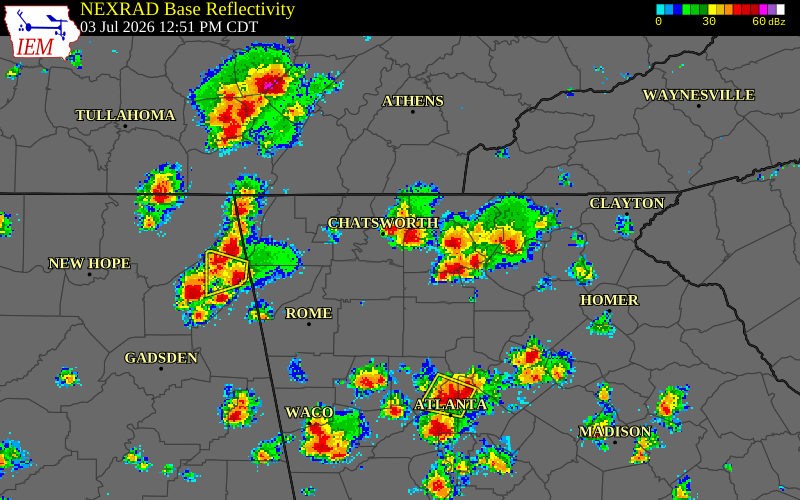 NEXRAD radar during the Friday, July 3, 2026 storm activity in Gilmer County, Georgia