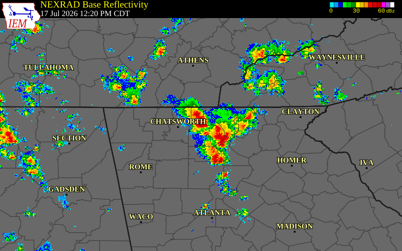 NEXRAD radar during the Friday, July 17, 2026 storm activity in Gilmer County, Georgia