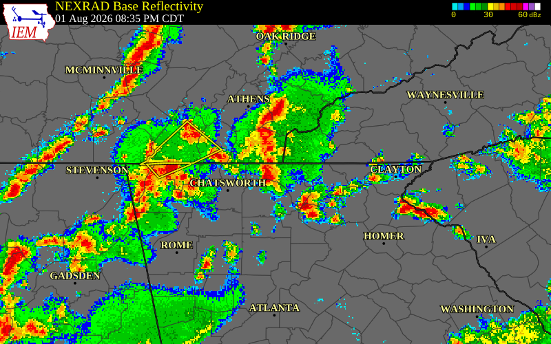 NEXRAD radar during the Saturday, August 1, 2026 storm activity in Gilmer County, Georgia