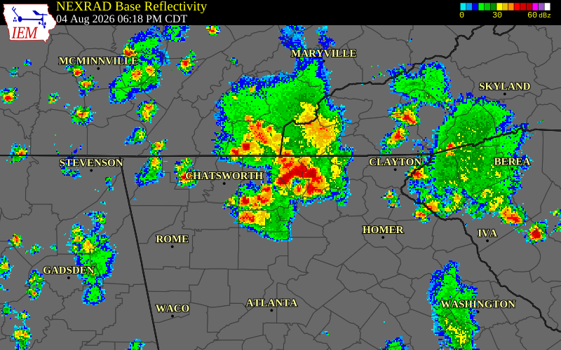 NEXRAD radar during the Tuesday, August 4, 2026 storm activity in Gilmer County, Georgia
