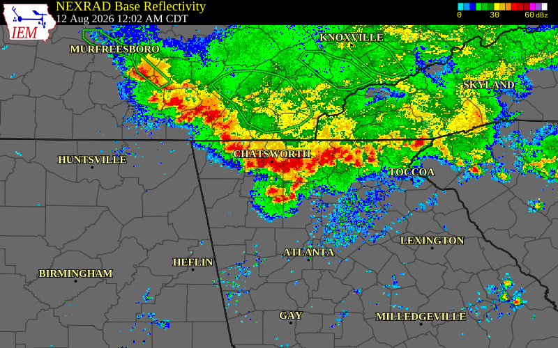 Radar snapshot during the Aug 12, 2026 wind event near Gilmer County, Gilmer County, Georgia, with NWS warning polygons