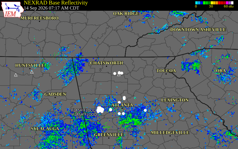 Current NEXRAD radar over Gilmer County, Georgia with recent storm report locations