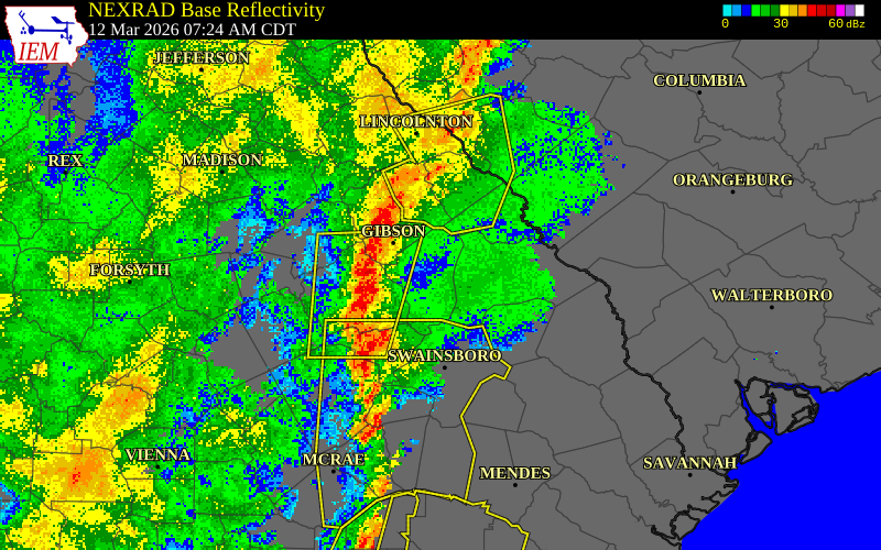 NEXRAD radar during the Thursday, March 12, 2026 storm activity in Glascock County, Georgia