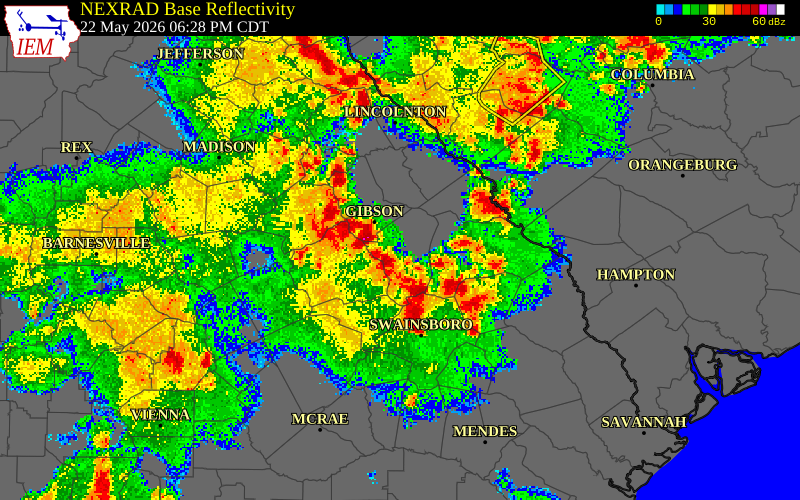 NEXRAD radar during the Friday, May 22, 2026 storm activity in Glascock County, Georgia