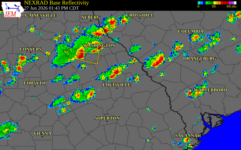 NEXRAD radar during the Saturday, June 27, 2026 storm activity in Glascock County, Georgia