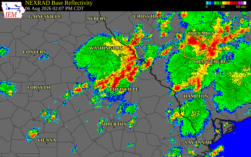 NEXRAD radar during the Thursday, August 6, 2026 storm activity in Glascock County, Georgia