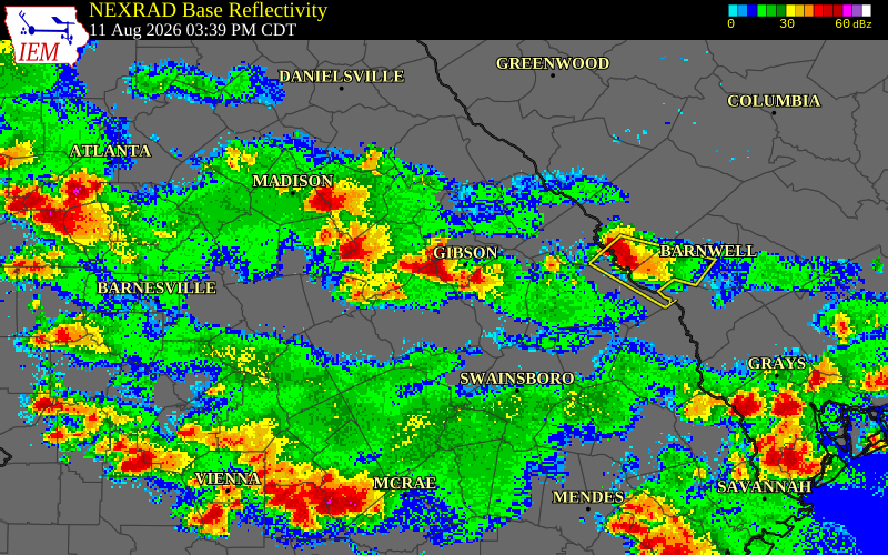 NEXRAD radar during the Tuesday, August 11, 2026 storm activity in Glascock County, Georgia