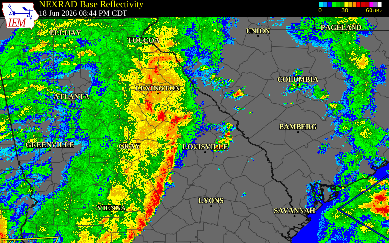 Radar snapshot during the Jun 18, 2026 wind event near Glascock County, Glascock County, Georgia, with NWS warning polygons