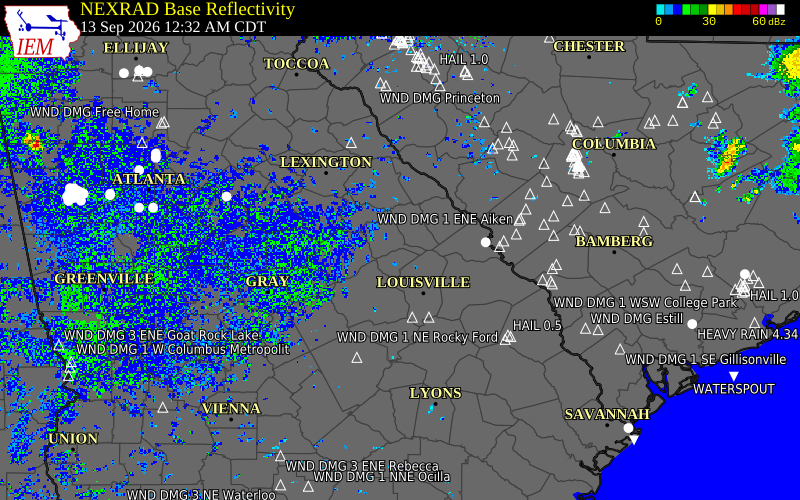 Current NEXRAD radar over Glascock County, Georgia with recent storm report locations