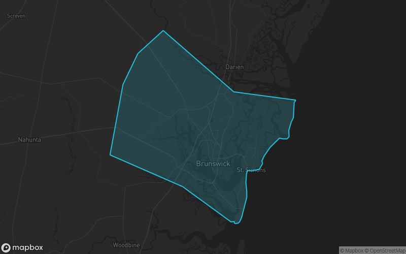 Map of Glynn County, Georgia showing the county boundary and surrounding cities